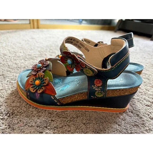 L'Artiste by Spring Step blue leather wedge sandals with flower cutouts EU38 - Picture 4 of 5
